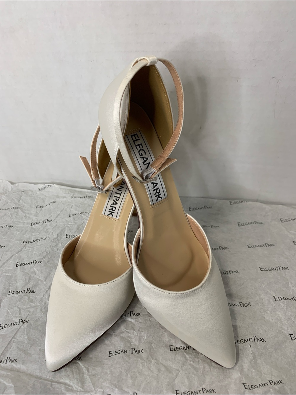 ElegantPark Women's Cream Pointed-Toe Ankle Rhinestone-Strap Heels Size 7